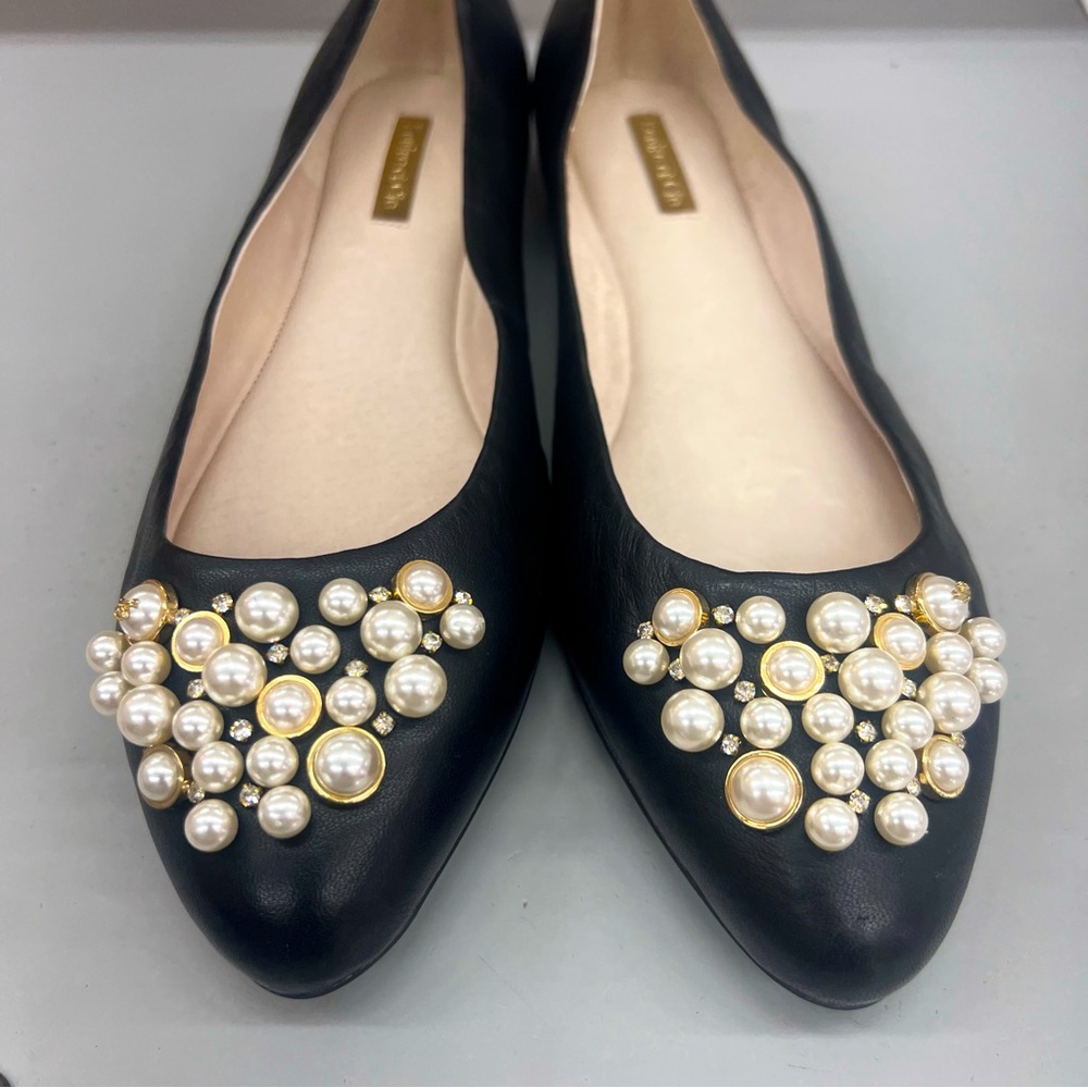 New Louise et Cie Women’s Arella Flat Size 10M Black Pearl Detail Rhinestone 40